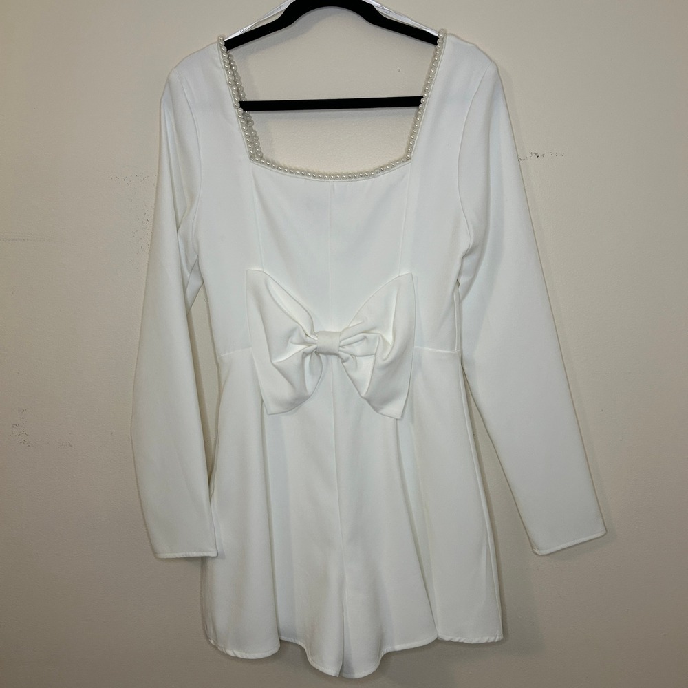 Lulus Aesthetic White Pearl Bow Long Sleeve Romper Medium - Picture 5 of 12